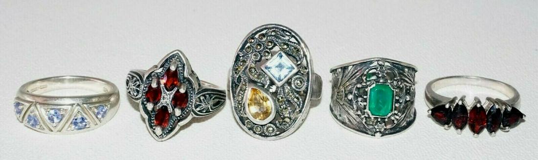 5Pc Sterling Ring Sz.7/8/9 Mixed Lot Aquamarine, Garnet: Up for sale from a local estate in Honolulu Hawaii this 5x piece Vintage Sterling silver mixed ring lot as follows; 1x flower motif ring size 7 that is center set with 1x emerald cut green colored gla