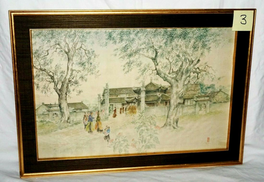 Vietnam Silk Painting "Pagoda Village Hanoi"by Tran Duy: Up for sale from a well known collector in Honolulu this Vintage Vietnamese framed painting on silk that is titled "Pagoda at the lang Village, Hanoi" and was painted by the well known artist Tran Duy