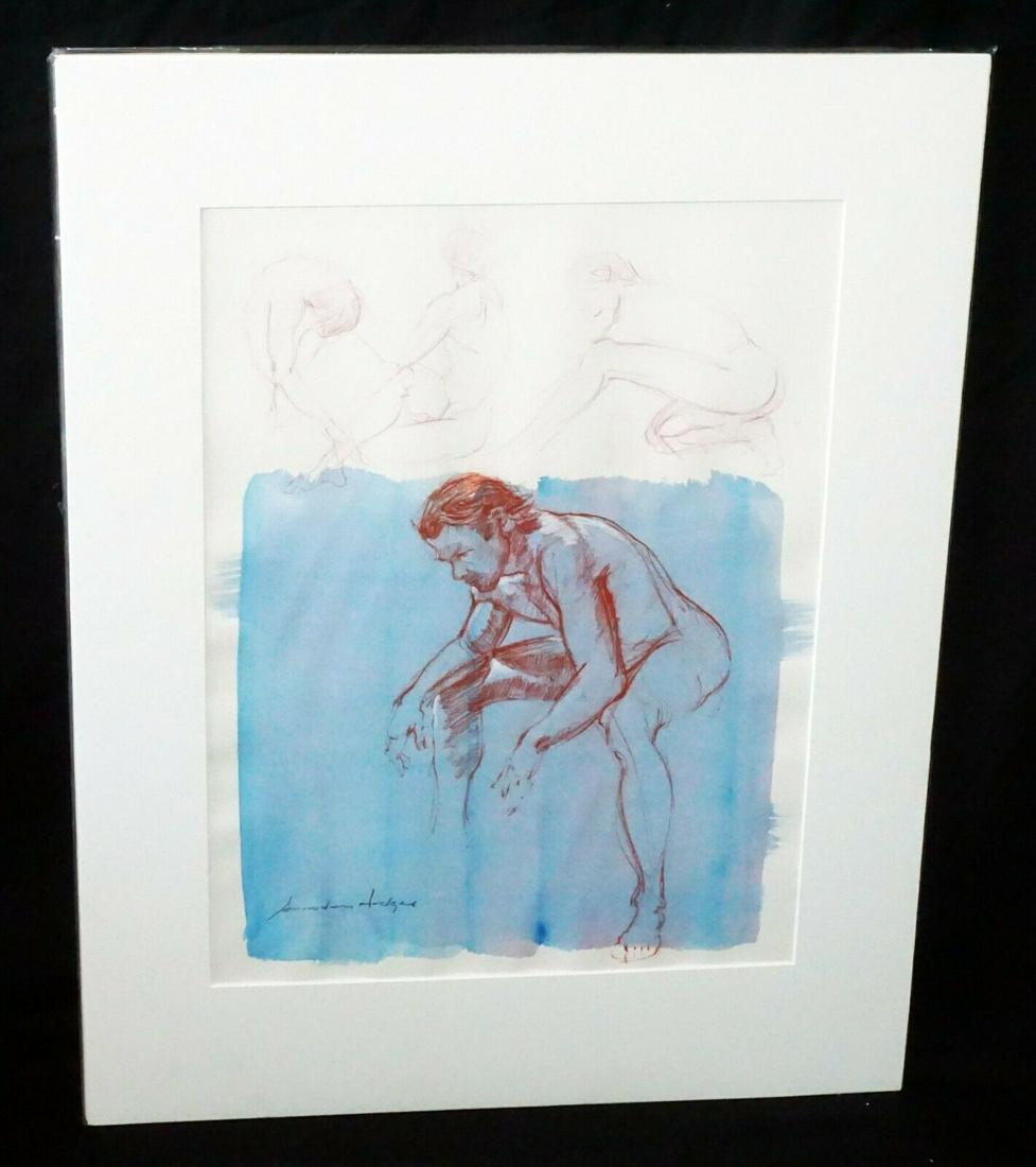Conte Drawing Painting Male Nude by Snowden Hodges: Up for sale from a well known collector in Honolulu this contemporary unframed but matted conte color wash drawing on rag paper of a seated male nude figure and was created by well known artist Snowde