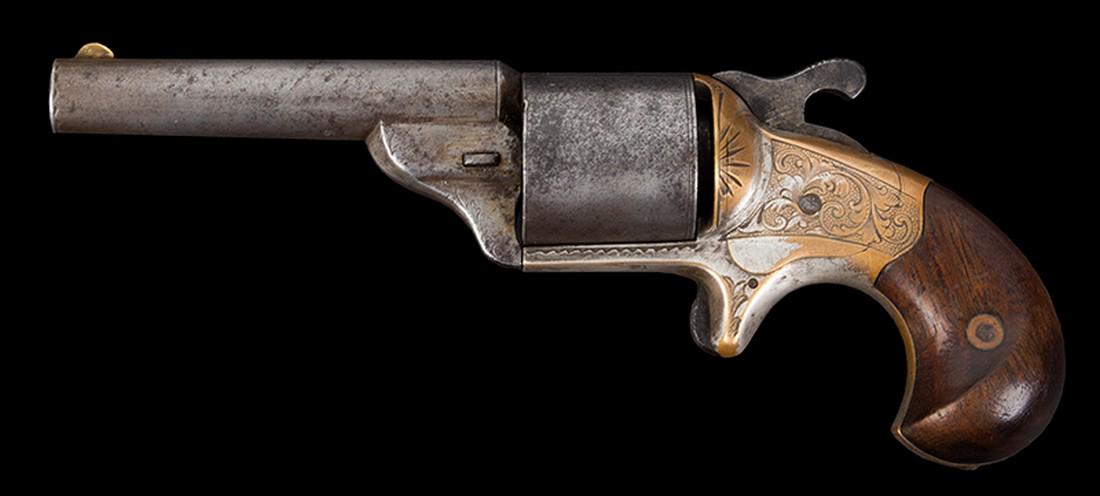 Moore Teat Fire Front Loading Revolver: SKU: 728-88 Title: Moore Teat Fire Front Loading Revolver Date/Period: 1864-1870 Measurement: Material: No blue, 20-30% silver on the frame Condition: Action works, sometimes fails to catch at full co