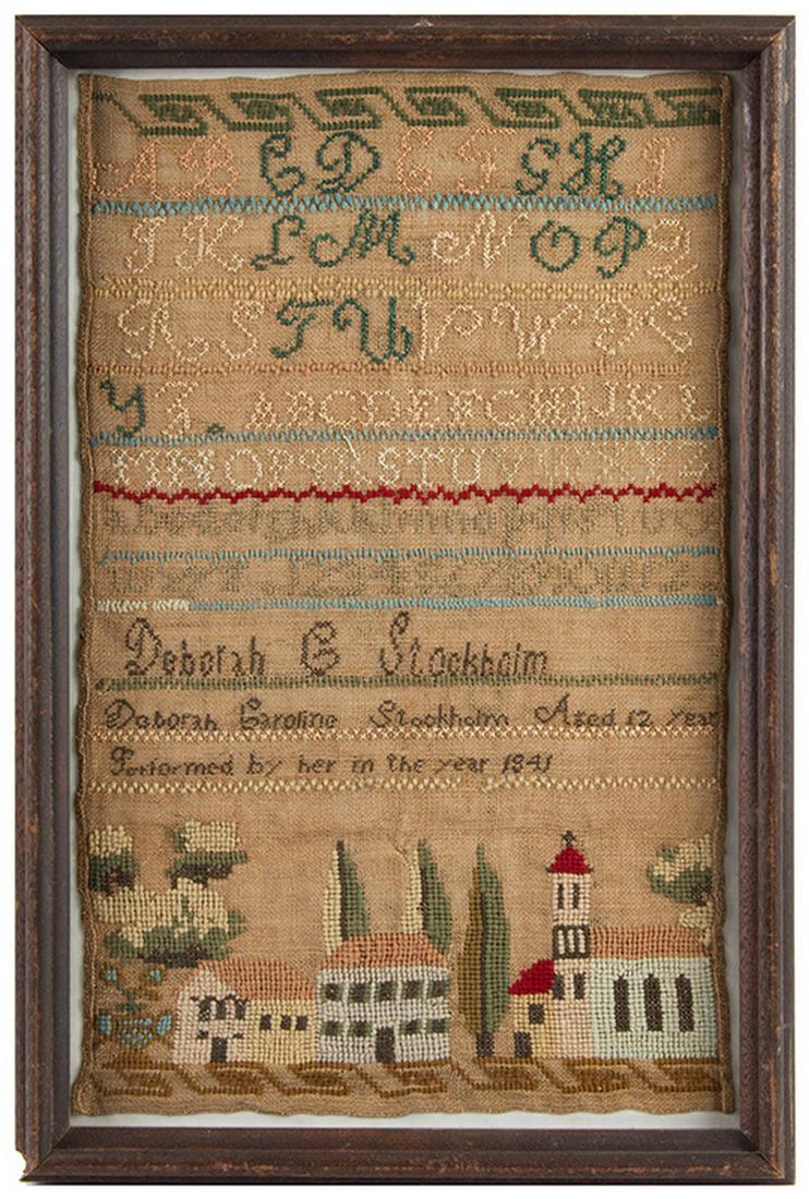 Needlework Sampler, Village Scene, By Deborah Stockholm: SKU: 1253-19 Title: Needlework Sampler, Village Scene, By Deborah Stockholm, In the Year 1841 Duchess County, New York Date/Period: 1841 Measurement: Frame: 18.5" x 12.5"; view: 16.75" x 10.75" Materi