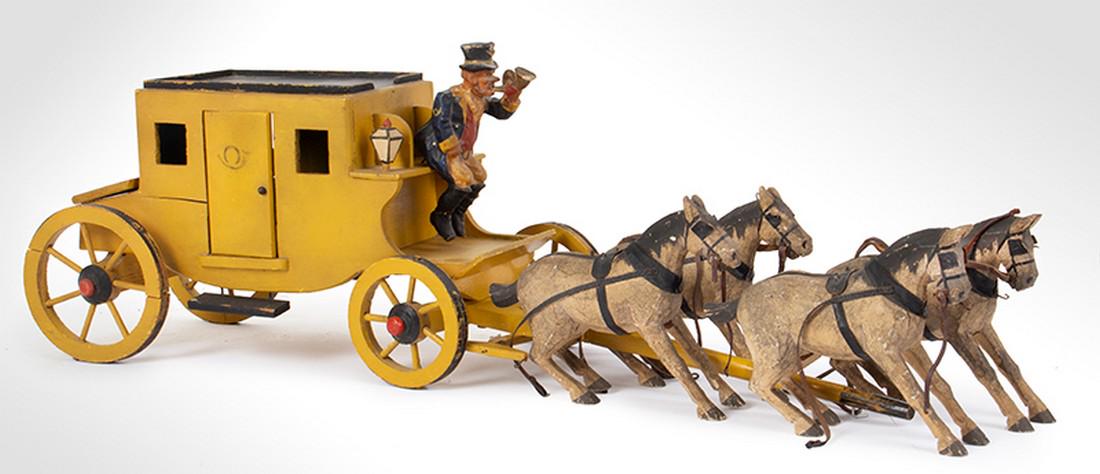 Stagecoach with Driver and 4 Horses: SKU: 1064-14 Title: Stagecoach with Driver and 4 Horses Date/Period: c 1930's Measurement: Overall 27" Material: Wood, painted detail Condition: Very Good Additional Information: Nice detail on all th