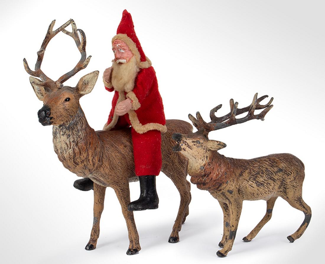 2 Reindeer, probably, Santa rider: SKU: 1064-20 Title: 2 Reindeer, probably, Santa rider Date/Period: c 1920 Measurement: Lg: 6" x 5"; small: 4" x 3.5" Material:lead, probably Heyde' Condition: Good Additional Information: Shipping: Do