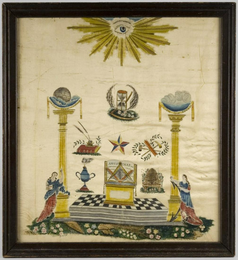 Masonic Gouache: SKU: 980-3 Title: Masonic Gouache Date/Period: mid 19th c Measurement: Frame: 16.5" x 18": view: 14.5" x 16" Material: Gouache, graphite, and ink on silk Condition: colors are vibrant, some toning, on