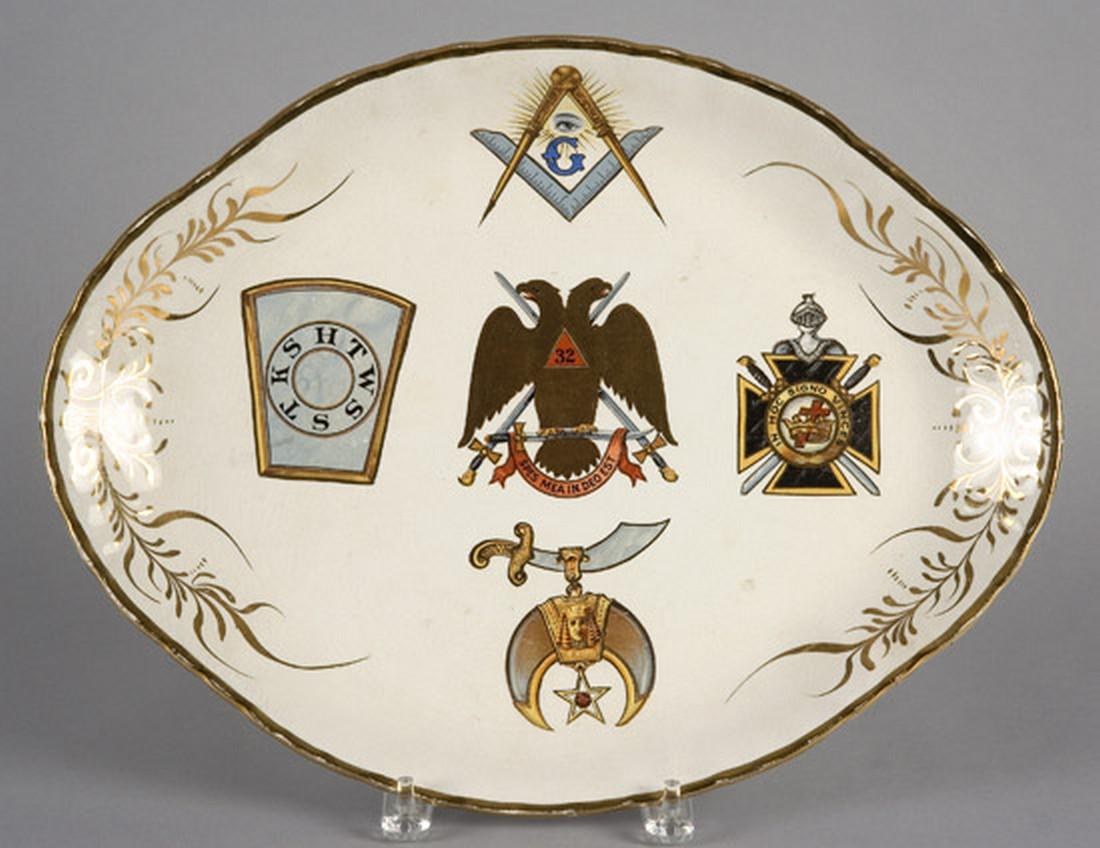 Masonic Platter: SKU: 980-23 Title: Masonic Platter Date/Period: last part of 19th c Measurement: 16" x 12.5" Material: ironstone Condition: Good Additional Information: Decorated with hand colored transfers of a Mast