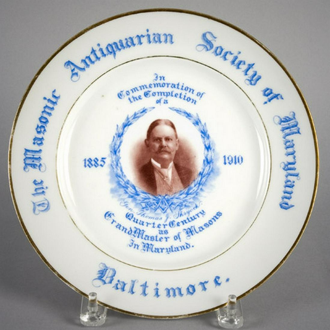 Masonic Commemorative Plate: SKU: 980-22 Title: Masonic Commemorative Plate Date/Period: c 1910 Measurement: 9.5" Material: Porcelain Condition: very good Additional Information: Honors Gen. Thomas J. Shryock for 25 years as Gran