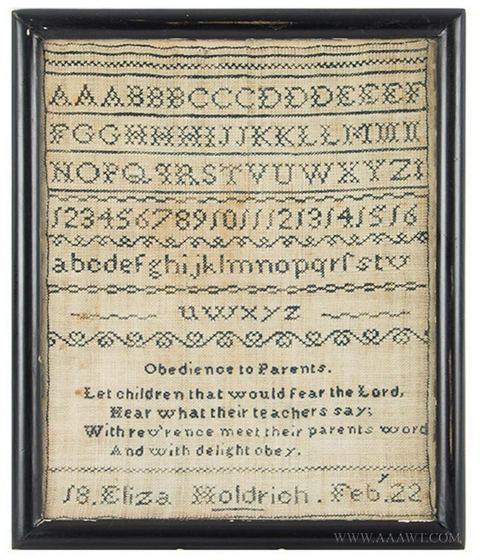 Marking Sampler with Obedience to Parents Verse: SKU: 1096-68 Title: Marking Sampler with Obedience to Parents Verse Date/Period: 1822 Measurement: Frame: 10" x 12"; view: 8.75" x 10.75" Material: cotton/linen Condition: good Additional Information: