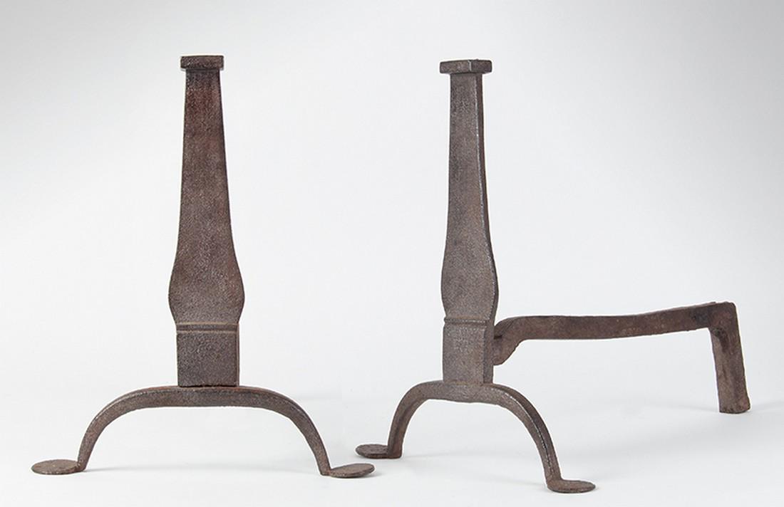 Andirons, Knife Blade Shaft: SKU:1208-3 Title: Andirons, Knife Blade Shaft Date/Period: c 1780-1820 Measurement: 13.5" tall, 15" deep Material: Wrought Iron Condition: Fine condition, overall light pitting, good color and patina 