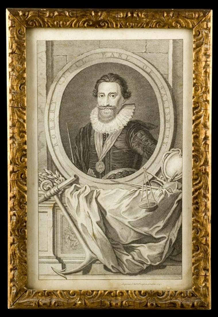 Engraving of Robert Cecil, Earl of Salisbury: SKU: 997-2 Title: Engraving of Robert Cecil, Earl of Salisbury Date/Period: c 1747 Measurement: Frame: 17.5" x 12" view: 15.25" x 9.5" Material: copperplate Condition: very good Additional Information