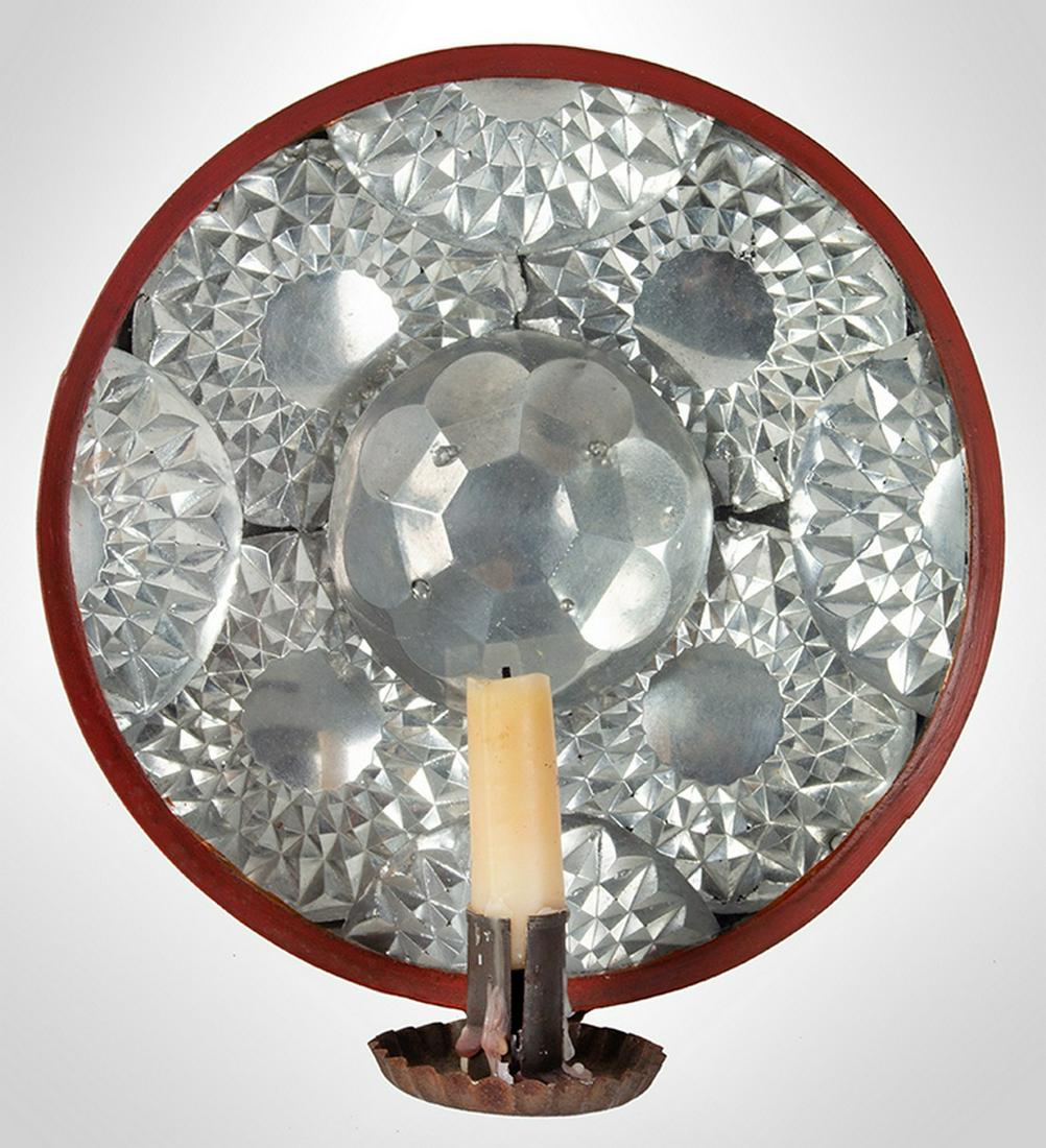 Antique Candle Sconce, Round Glazed, Embossed Tin: SKU: 997-37 Title: Antique Candle Sconce, Round Glazed, Embossed Tin Reflectors, Old Red Paint New England Date/Period: Circa 1800-1830 Measurement: Height: 10"; width: 9.5"; depth: 5" Material: Tinne