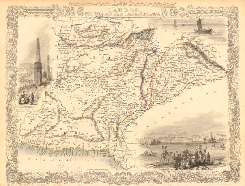 CABOOL PUNJAB & BELOOCHISTAN. Pakistan Afghanistan: TITLE/CONTENT OF MAP: 'Cabool, The Punjab and Beloochistan' The map covers modern Pakistan, Afghanistan, and part of India. Vignettes: Boats on the Indus; Sultan Mahmoud's Minars and Fortress - Ghuzne