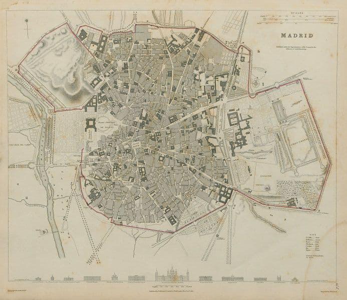 MADRID Antique city town map plan Original outline (1 of 2)