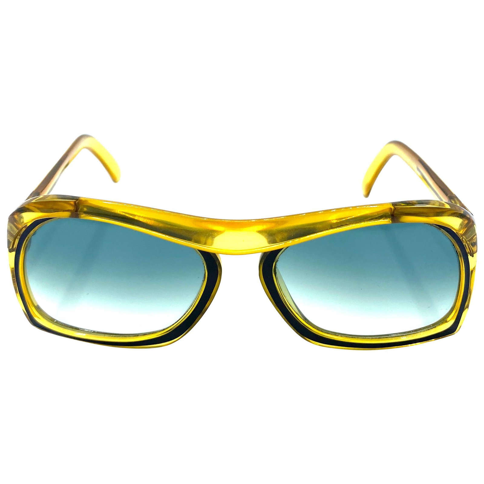 Vintage Christian Dior Green and Yellow Square: Product details; Featuring circa 1970, clear yellow and green frames with square blueish gradient lenses. Silver tone CD designer initials on the sides. Designer Christian Dior Brand Christian Dior Di