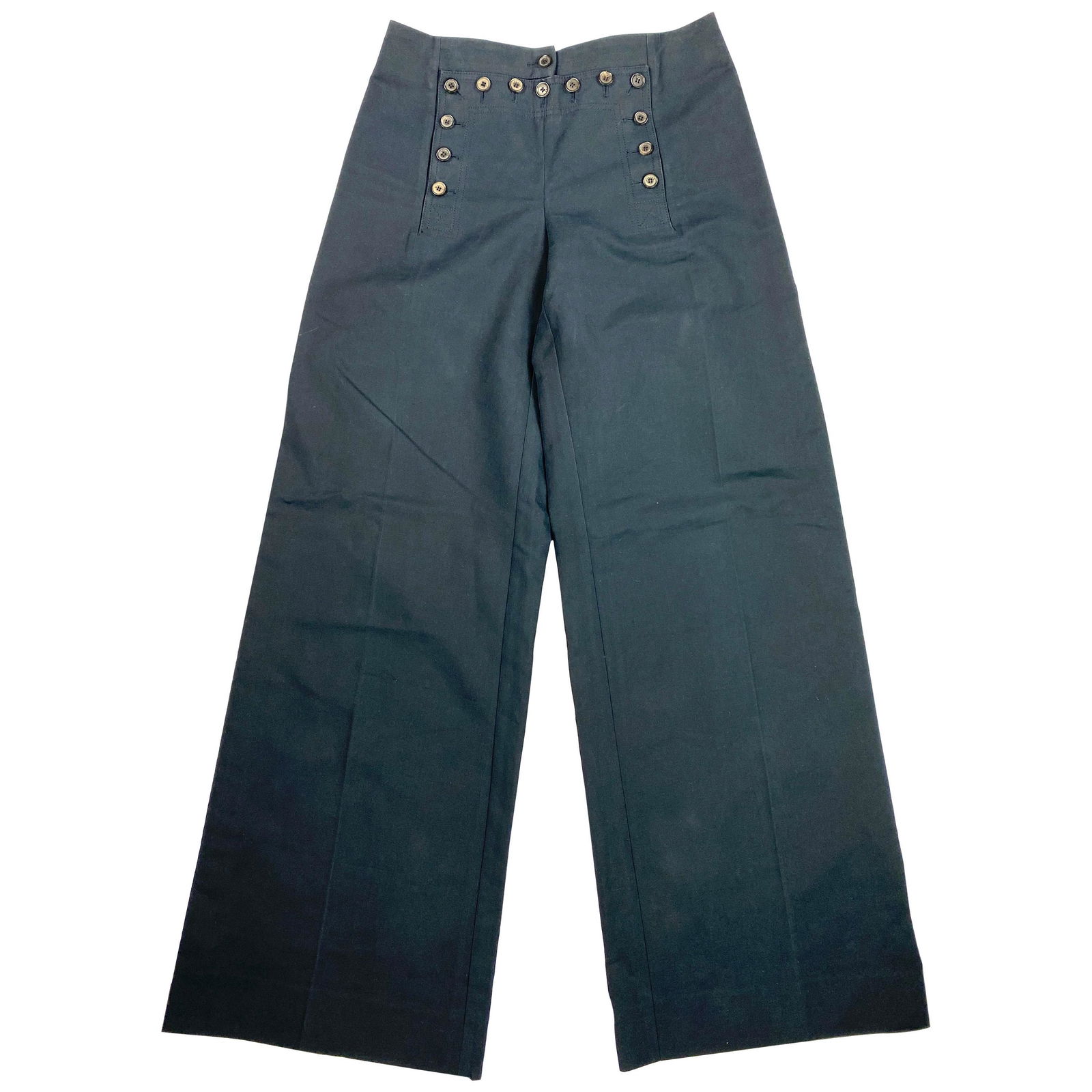 Vintage Celine Navy Cotton Wide Leg Pants Size 40: Product details: Size 40. Featuring 100% cotton, 12" wide leg with buttons detail. Made in France. Designer Celine Dimensions Length: 40 in. (101.6 cm)Marked Size: 40 (EU)Waist: 28 in. (71.12 cm)Hip: