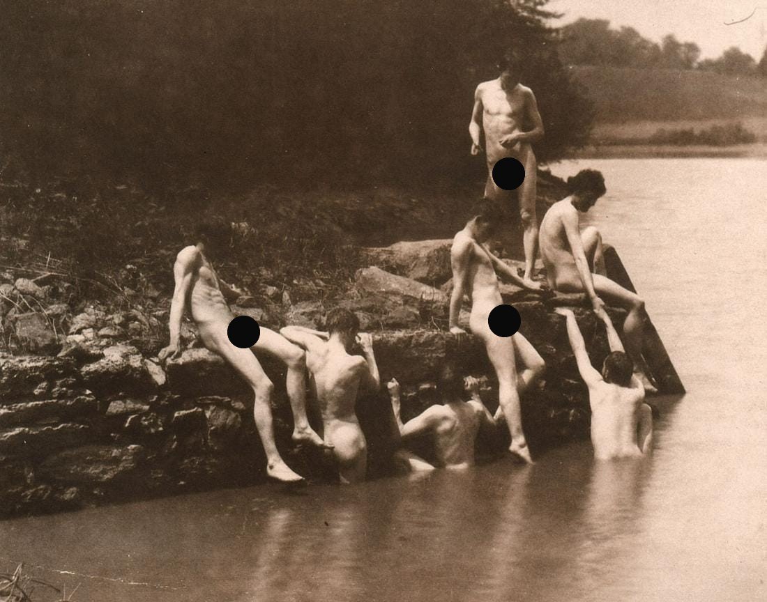 THOMA EAKINS - Male Nudes, at a swimming hole, 1883: Artist: THOMA EAKINS Print Title: Male Nudes, at a swimming hole, 1883 Medium: Photoengraving Printed in: The USA, 1980’s< Image size (inches) approx. 5.5 x 7” Reserve: $25.00 Shipping: Domestic: 