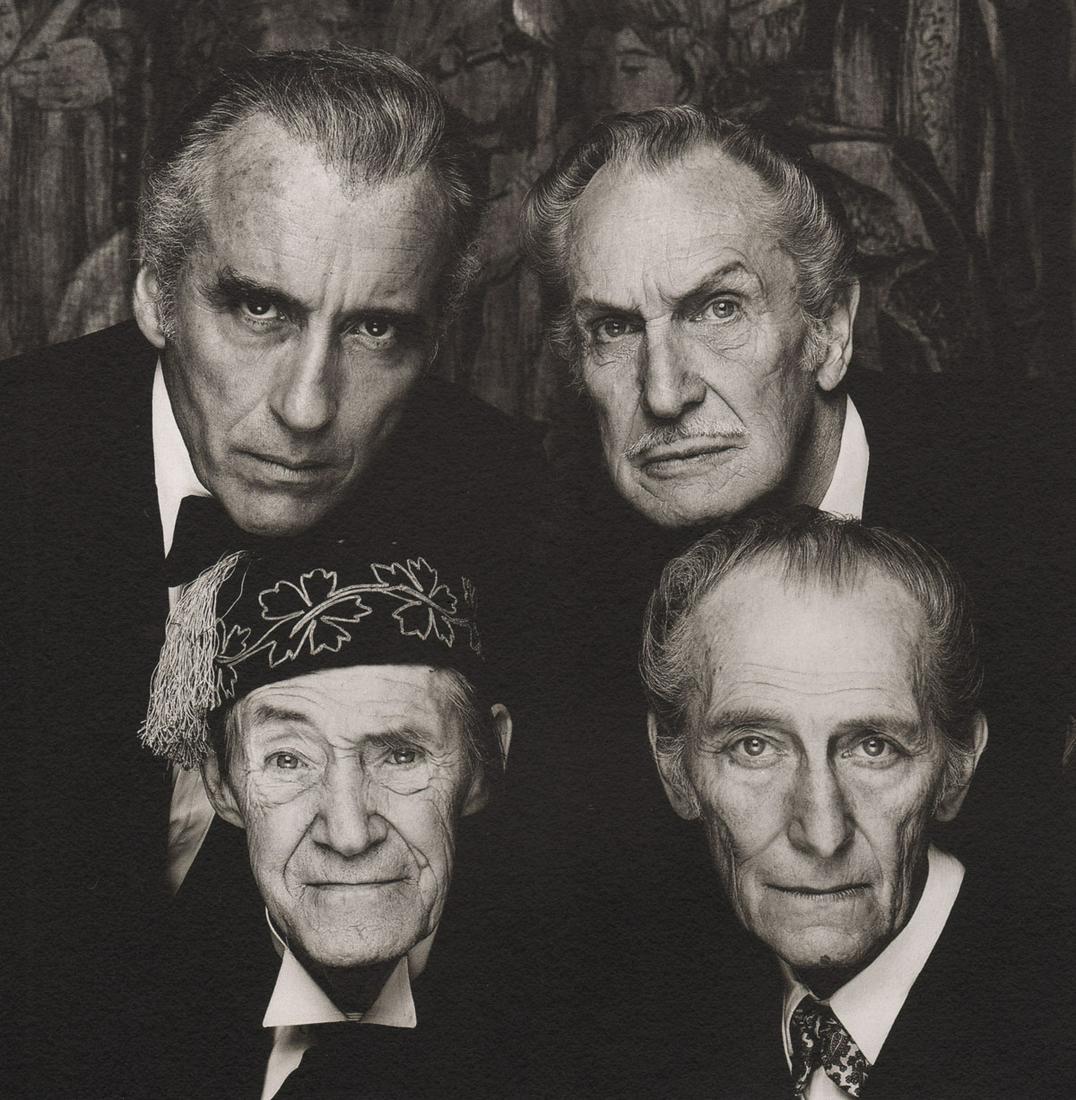 TERRY O’NEILL - Christopher Lee, Vincent Price, Peter: Artist: TERRY O’NEILL Print Title: Christopher Lee, Vincent Price, Peter Cushing, John Carradine, 1983 Printing Date: 1980’s Medium: photo-lithograph Printed in: Italy Image Size approx.: 6.5 x 6.