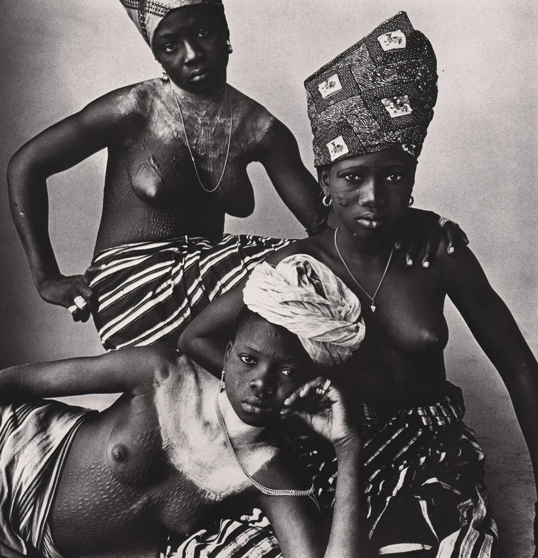IRVING PENN - Three Girls, Dahomey, 1967: Artist: IRVING PENN Print Title: Three Girls, Dahomey, 1967 Medium: Photolithograph Printed 1980’s in the US Image size (inches) approx. 8 x 8” Irving Penn was an American photographer known for h