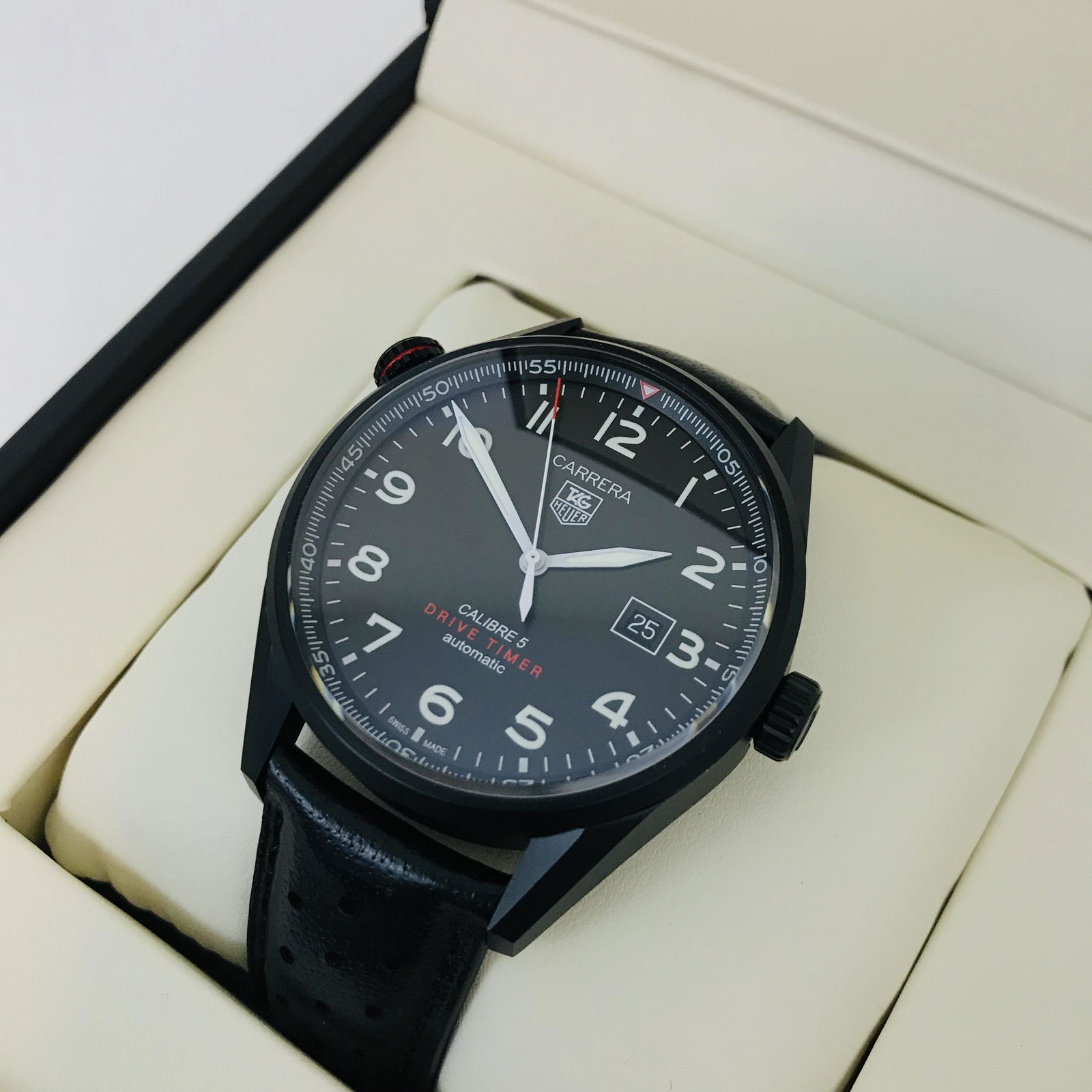 TAG Heuer CARRERA Calibre 5 Automatic Drive Timer: Title: TAG Heuer CARRERA Calibre 5 Automatic Drive Timer Titanium Watch Brand: TAG Heuer Size: Case size: 43 mm Bracelet Length: Standard 184mm-197mm Movement Type: Calibre 5 Automatic (Swiss Made) Bo