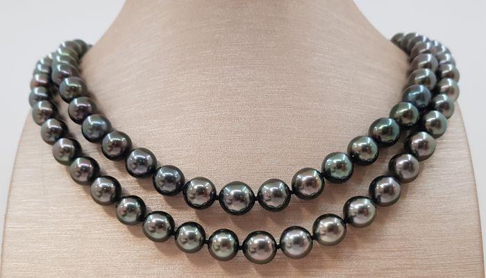 8x11mm Black Tahitian pearls - Necklace: Title: 8x11mm Black Tahitian pearls - Necklace Description: A beautiful double pearl necklace of black near round Tahitian pearls with exceptional lustre, finished with an elegant clasp in solid silve