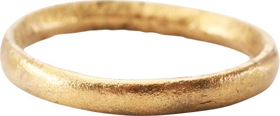 VIKING WEDDING RING 866-1067 AD, SZ 1 ½: Danelaw England. 1.9mm width with rounded face. Made with a central core to distribute the molten metal and heat. The core was then laboriously removed by hand with the remnants still visible. Vikings