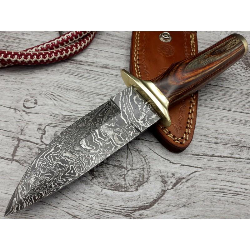 Camping damascus steel knife hunting wood leather: Knife "Thibodaux" made of damask steel. Handle – colored wood and scabbard - genuine leather. Damascus knives are very durable, look great and keep sharpness perfectly. Damascus steel has high quali