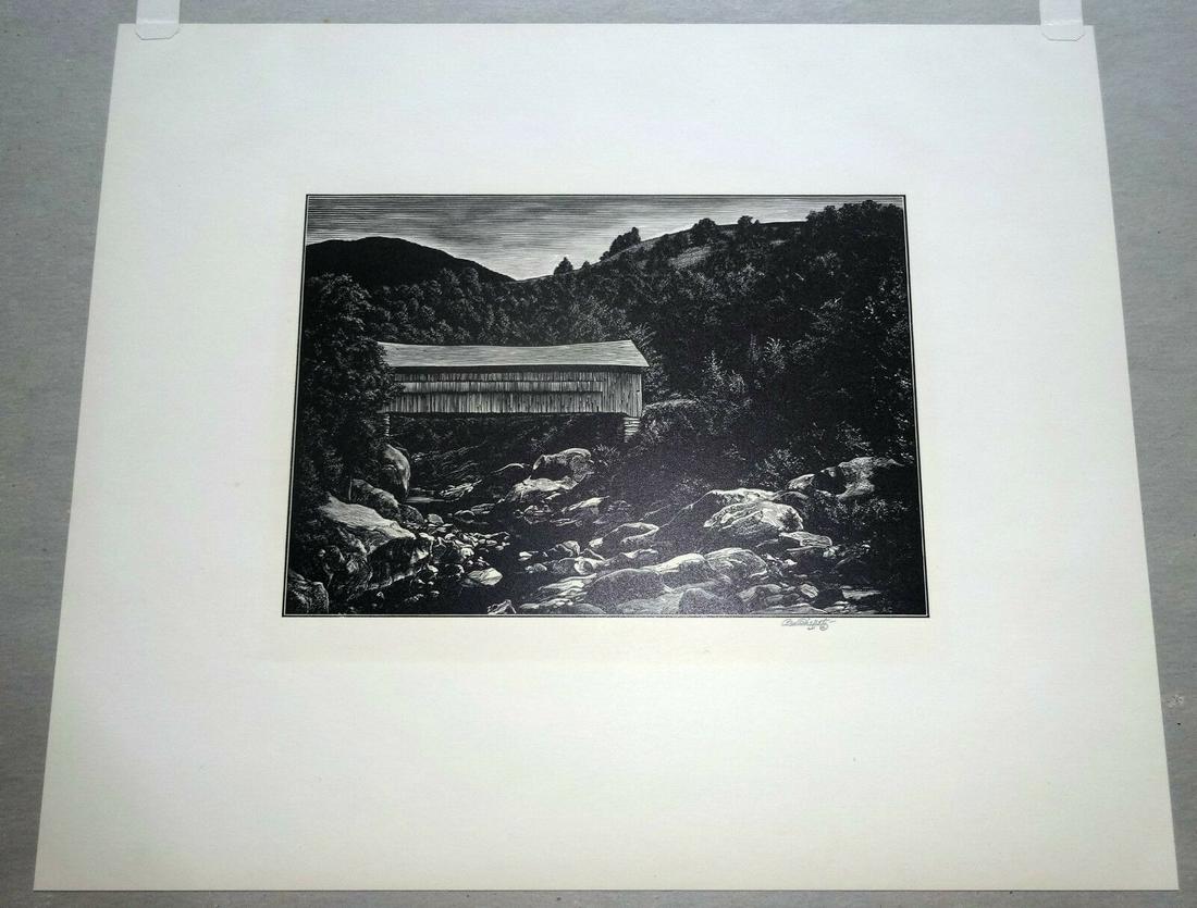 Woodcut Print "Bridge over Mad River" by Asa Cheffetz: Up for sale from a recent estate in Honolulu Hawaii this 1950s American limited edition woodcut print that is titled “Bridge over Mad River” and was created by Asa Cheffetz. The condition is descr