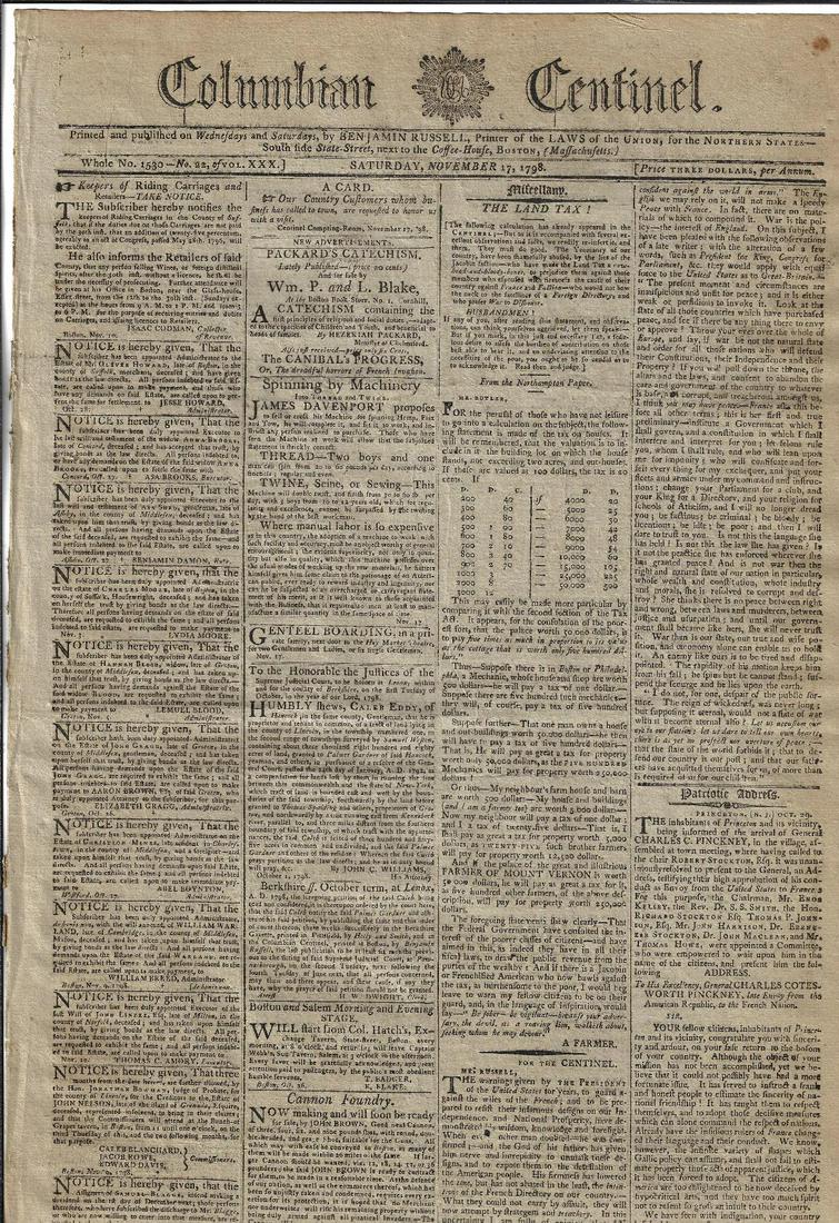 1798 Newspaper John Adams George Washington: The "Columbian Centinel" for November 27, 1798, four pages complete. Content includes a lengthy poem on the back page honoring the birthday of President John Adams. Also news of George Washington arri