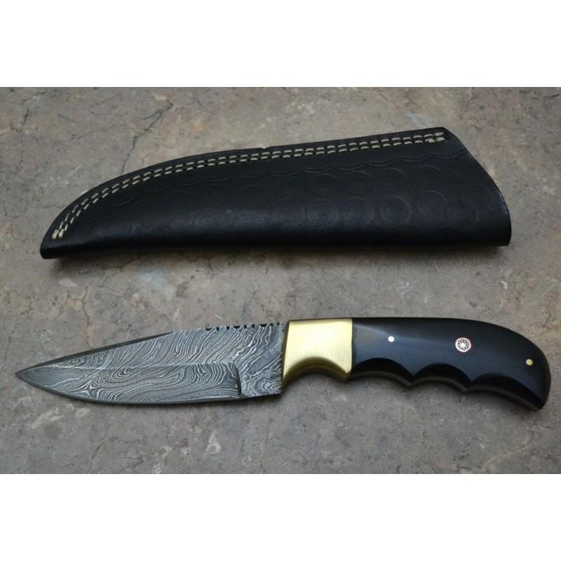 Hunting damascus steel knife camping bull horn: Knife "Susanville" Handle – stacked leather and scabbard - genuine leather. Damascus knives are very durable, look great and keep sharpness perfectly. Damascus steel has high quality contents to giv