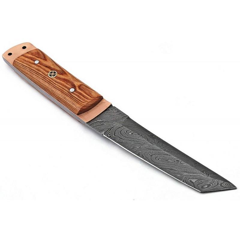 Damascus steel knife, olive wood handle, pure leather: Knife "Tiger" made of damask steel. Handle – olive wood and scabbard - pure leather. Damascus knives are very durable, look great and keep sharpness perfectly. Damascus steel has high quality conten
