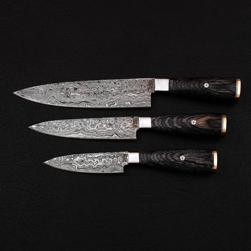 3 pcs SET Kitchen chef damascus steel knife wood brass (1 of 4)