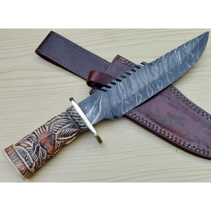 Bowie damascus steel knife hand carved bone leather: Knife "Dartmouth" made of damask steel. Handle – hand carved bone and scabbard - genuine leather. Damascus knives are very durable, look great and keep sharpness perfectly. Damascus steel has high q