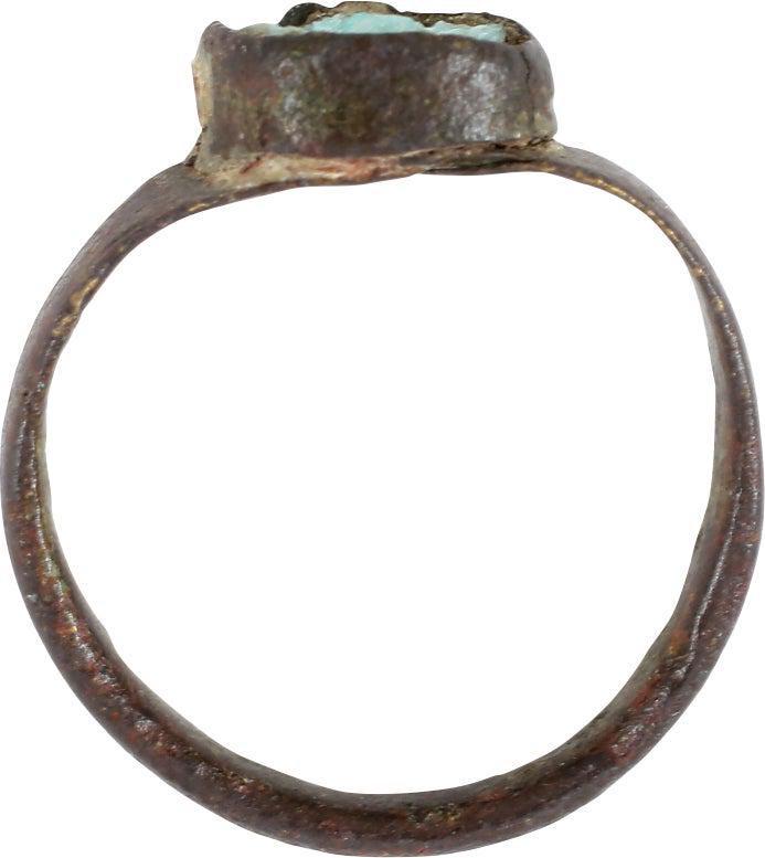 MEDIEVAL FASHION RING 1200-1450 AD, SIZE 4 3/4: Size 4 3/4. Narrowband, 2.3mm, with broadly flaring at the shoulders. Circular bezel with a green glass “stone”. Uncleaned as found and stone degraded from burial. Gift boxed with certific