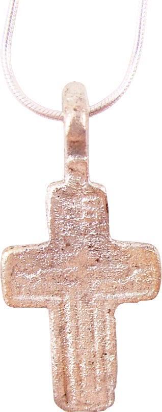 EASTERN EUROPEAN CHRISTIAN CROSS NECKLACE.: 17th-18th century, Polish, Russian or Ukrainian. Orthodox rite. Silvered bronze, over 1 1/8" height plus the suspension loop. Relief decoration with raised borders and central cross surrounded by Cyri