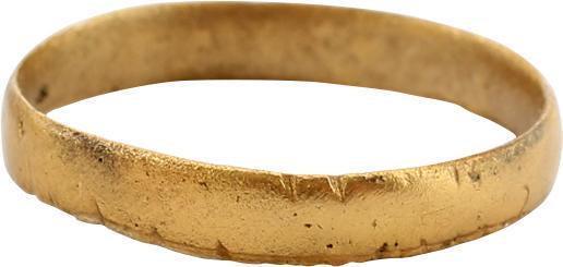 ANCIENT VIKING WEDDING RING SIZE 7: Late 9th-early 11th century AD, about 1000 years old. Gilt bronze, size 7. Broadband 3.1mm, with a rounded face. Fine form, and wearable. Vikings exchanged rings on the pommel of the groom's sword. Pr