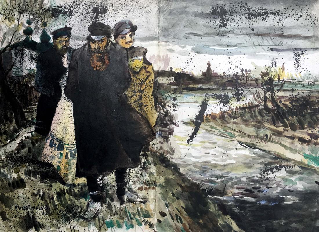 Watercolor painting Fists against Soviet Power: ? 862 *** ABOUT THIS PAINTING *** * TITLE: "Fists against Soviet Power" * ARTISTS: Litvinenko Anna Vladimirovna * SIZE: 62x85 cm/'24.40x33.46 inches' * MEDIUM: ink, watercolor, paper * HAND PAINTED: O