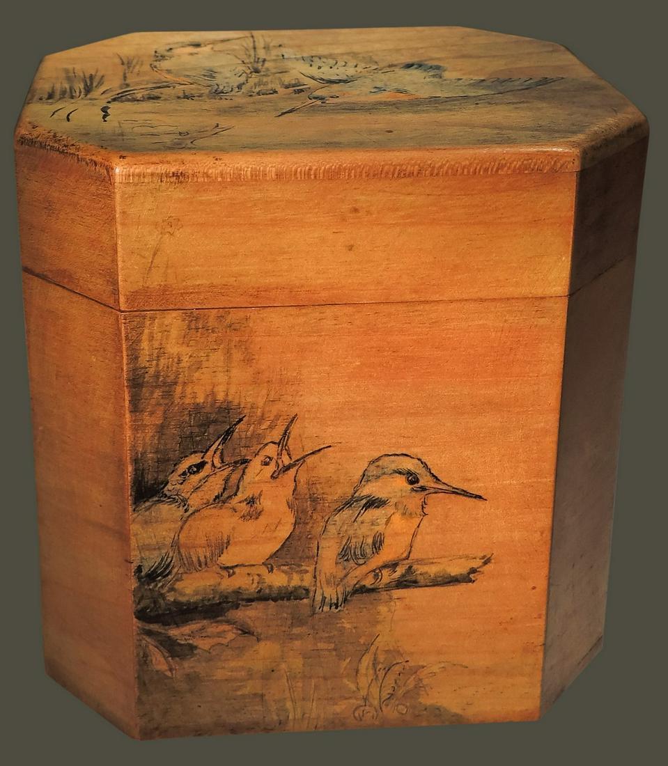 Penwork Octagonal Tea Caddy with Birds (1 of 5)