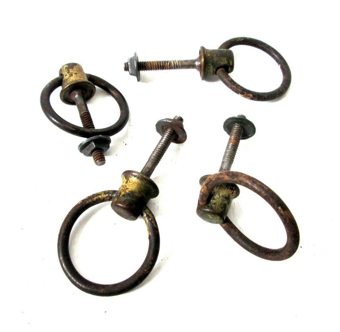 SET OF EARLY DRAWER PULLS: Title: SET OF EARLY DRAWER PULLS Date/Period: 19th C Material: Iron Dimension: 1 1/2" Diam (rings) X 2" L (screw posts) Provenance/Additional Info: Great patina, heavily worn gold painted surfaces, th
