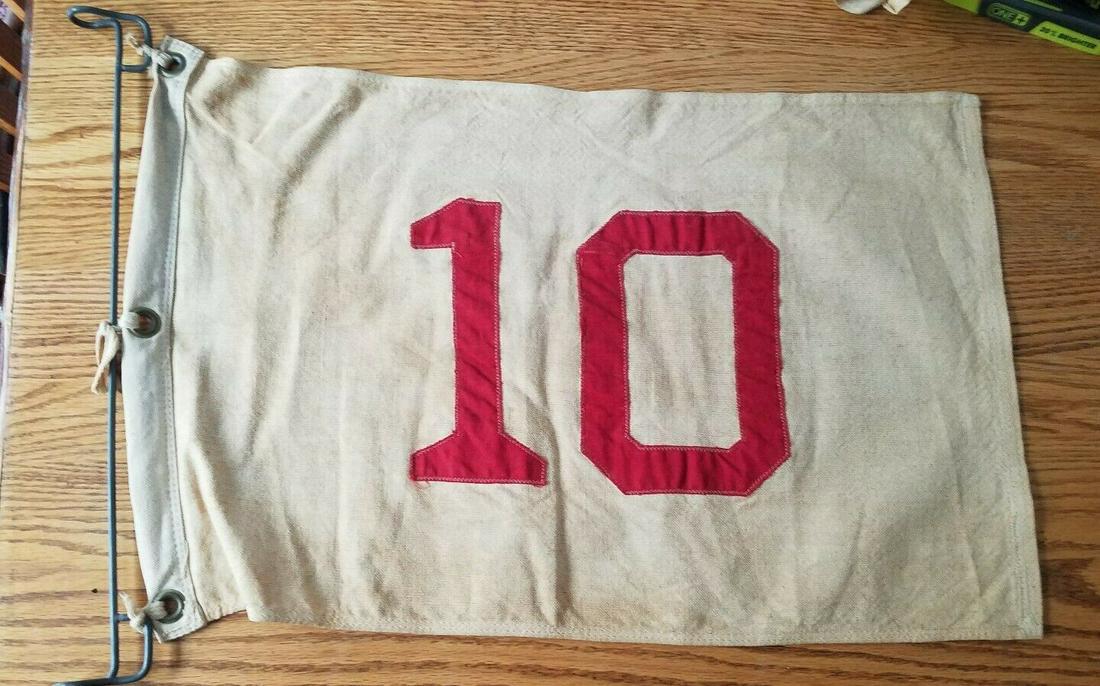 10th hole 1950 pin golf Flag - 12 x 19" cotton: Excellent condition. Neat old piece. Amazing that this survived.Cotton. Sewn . Shipping includes insurance. Shipping: Domestic: Flat-rate of $12.00 to anywhere within the contiguous U.S. International