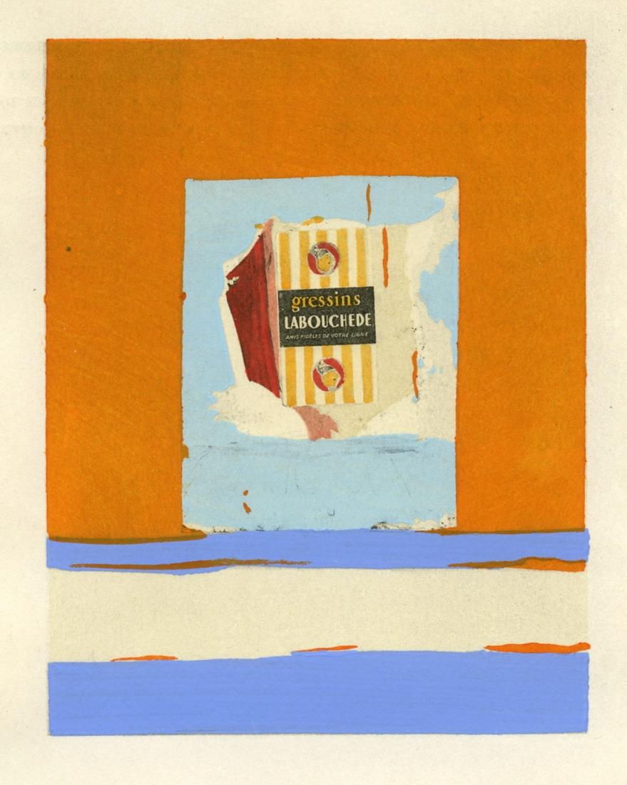 Robert Motherwell pochoir "The French Line": Medium: pochoir (after the mixed media collage). Printed in Paris at the atelier Daniel Jacomet and published in 1960 by Berggruen. The image measures 4 x 3 1/4 inches (105 x 82 mm). There is text pri