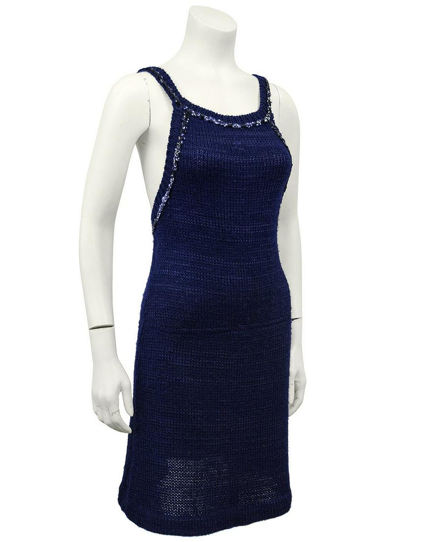 Courrèges Navy Blue Knit Halter Dress with Sequin Trim: Brand: Courrèges Title: Courrèges Navy Blue Knit Halter Dress with Sequin Trim Additional Information: Amazing 1970s Courreges navy blue acrylic and wool knit halter dress. A touch of sparkle with n