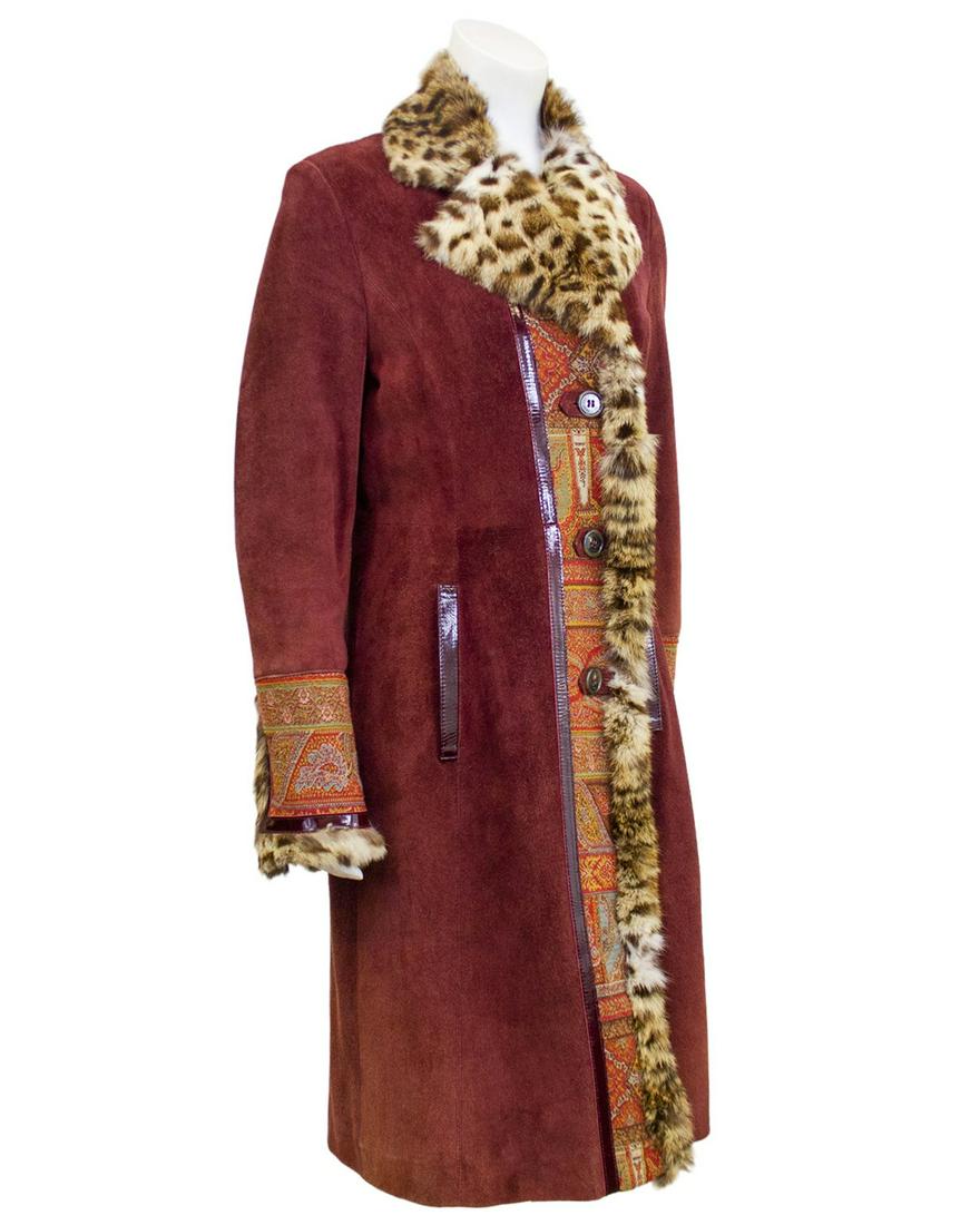 Etro Burgundy Suede & Paisley Coat With Stencilled Fur: Brand: Etro Title: Etro Burgundy Suede & Paisley Coat With Stencilled Fur Additional Information: 2000's Etro long coat. Burgundy suede with matching patent leather trim on the pockets cuffs and side