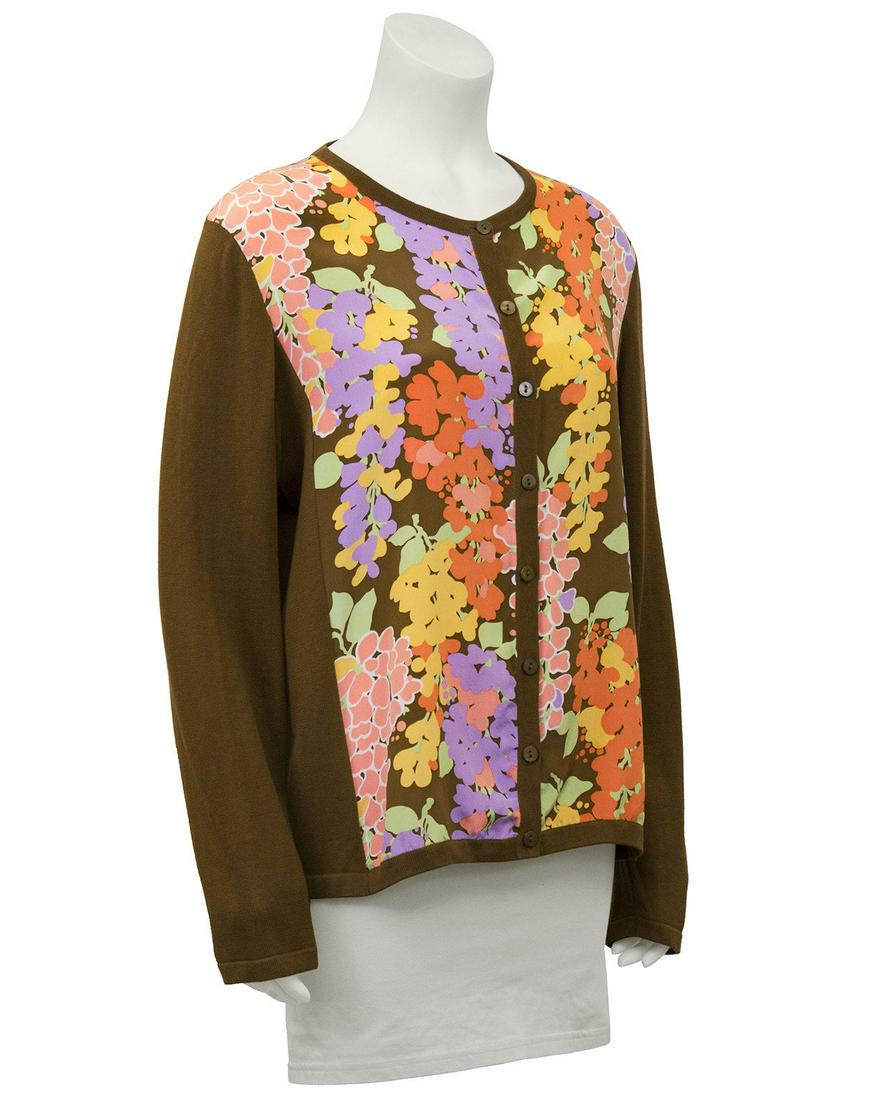 Bob Mackie Floral Cotton and Silk Cardigan: Brand: Bob Mackie Title: Bob Mackie Floral Cotton and Silk Cardigan Additional Information: 1980s Bob Mackie Wearable Art cardigan. Brown cotton knit sleeves, with a silk body featuring a colorful flo