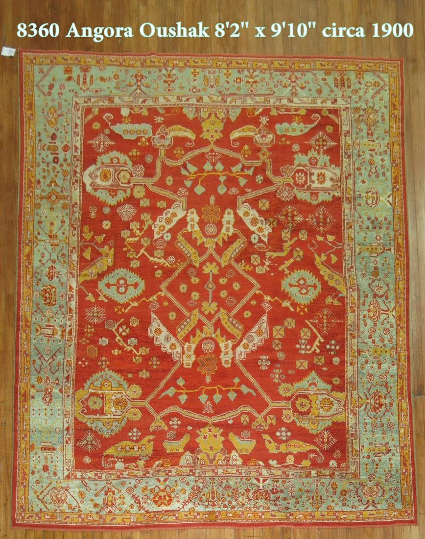 Angora Oushak Antique Rug: Description Stunning early 20th century Turkish Oushak rug woven with angora wool. Bright red field and blue-green border. Exceptional high quality Details rug no. 8360 size 8' 2" x 9' 10" (249 x 300