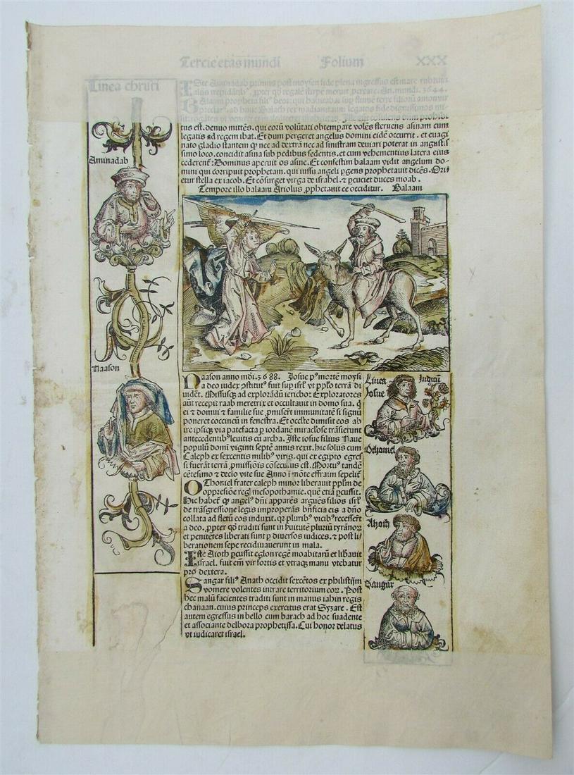 1493 INCUNABULA LEAF NUREMBERG CHRONCLE hand colored: A page of the "Nuremberg Chronicle", first printed in 1493. Representation of MOSES RECEIVING the LAW (covered with archival paper) This biblical paraphrase and history text was one of the first books