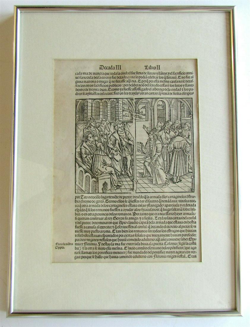 1520 ILLUSTRATED LEAF LIVY'S HISTORY OF ROME antique: Size 7 by 10" Size ( framed under glass) : 11 by 15" Text in Spanish Good condition (shipping cost can be adjusted to $5 within US and $21 international if shipped without frame by buyer's request) 12