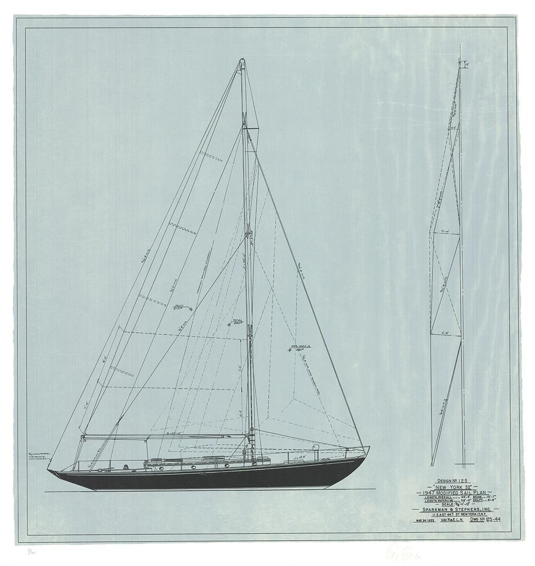 Olin Stephens: New York 32: Sail Plan, 1947: Title: New York 32: Sail Plan, 1947 Artist: Olin Stephens Additional Information: "New York 32: Sail Plan, 1947" by Olin Stephens, 2004 Signed Serigraph. Paper size is 30.5 x 29 inches, with an image 