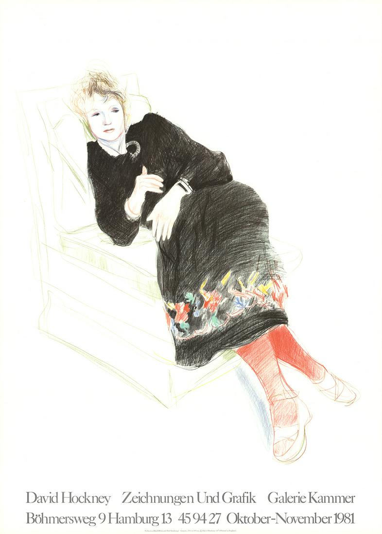 David Hockney: portrait of Celia In A Black Dress With: Title: portrait of Celia In A Black Dress With Colored Border Artist: David Hockney Additional Information: "portrait of Celia In A Black Dress With Colored Border" by David Hockney, 1981 Unsigned Lit