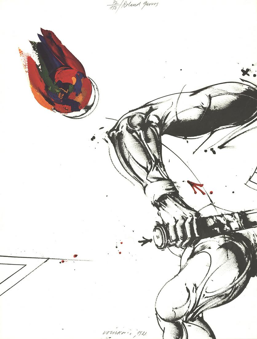 Vladimir Velickovic: Roland Garros French Open: Title: Roland Garros French Open Artist: Vladimir Velickovic Additional Information: "Roland Garros French Open" by Vladimir Velickovic, 1983 Signed Lithograph. Paper size is 29.5 x 22.5 inches, with