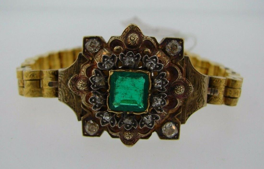 VICTORIAN 18k Yellow Gold, Diamond & Emerald Bracelet (1 of 4)