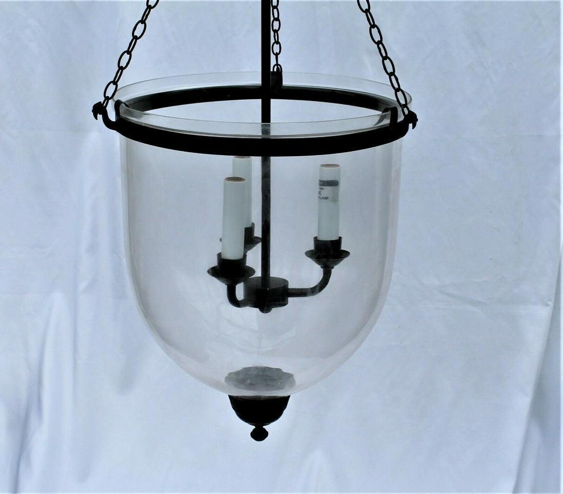 Bell Jar , Clear glass , 12 " Dia . The whole set .: A good size bell Jar for any Entry or hall way . All new kept in storage 10 years or so . Has 3 light cluster body and 40 inches of hanging chain . Also has the heat sheils . Bell jar is 16" deep . An